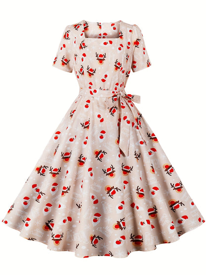 Freya - Vintage A Line Dress with Christmas Santa Print and Squared Neck for Women