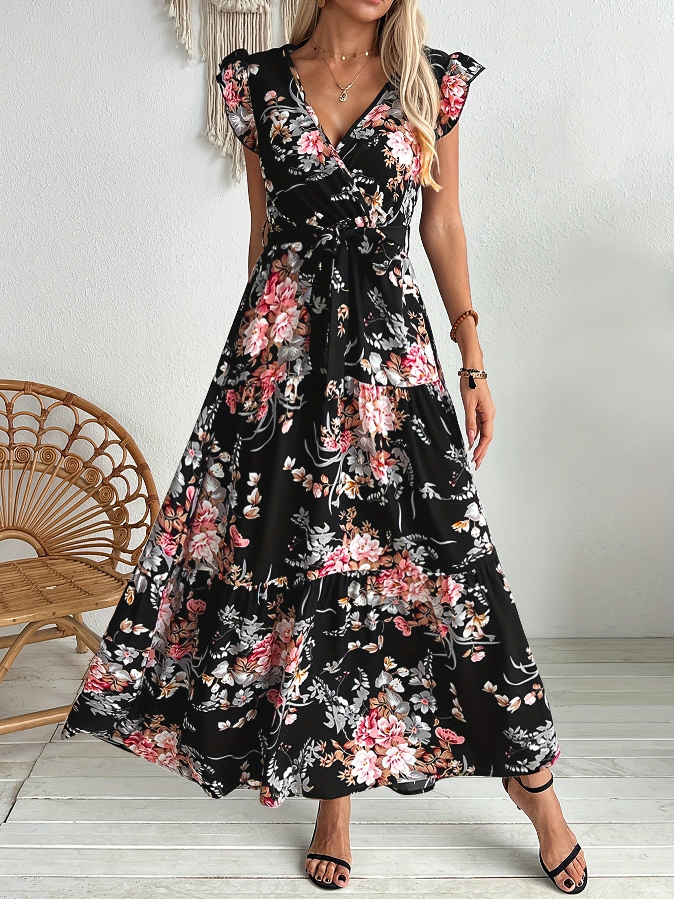 Serenity - Belted Floral Print Swing Maxi Dress with Ruffle Sleeve for Women