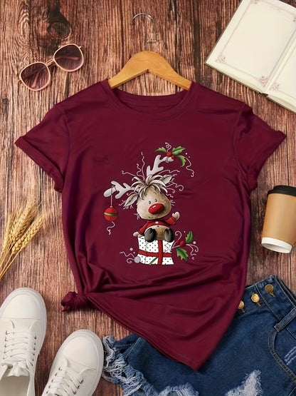 Hanah - Crew Neck T-Shirt with with Christmas Reindeer Print for Women