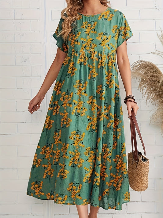 Emma - Vintage Loose Smocked Dress with Floral Print for Women