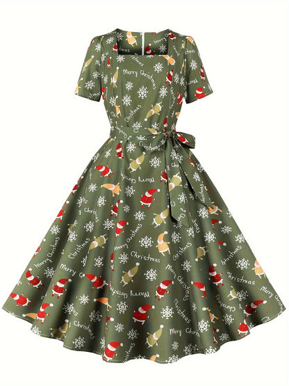 Freya - Vintage A Line Dress with Christmas Santa Print and Squared Neck for Women