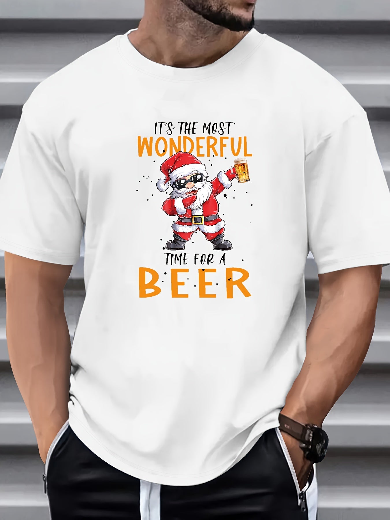 Jeremiah - Casual T-Shirt with Fun Santa Claus Drinking Beer Graphic Print for Men