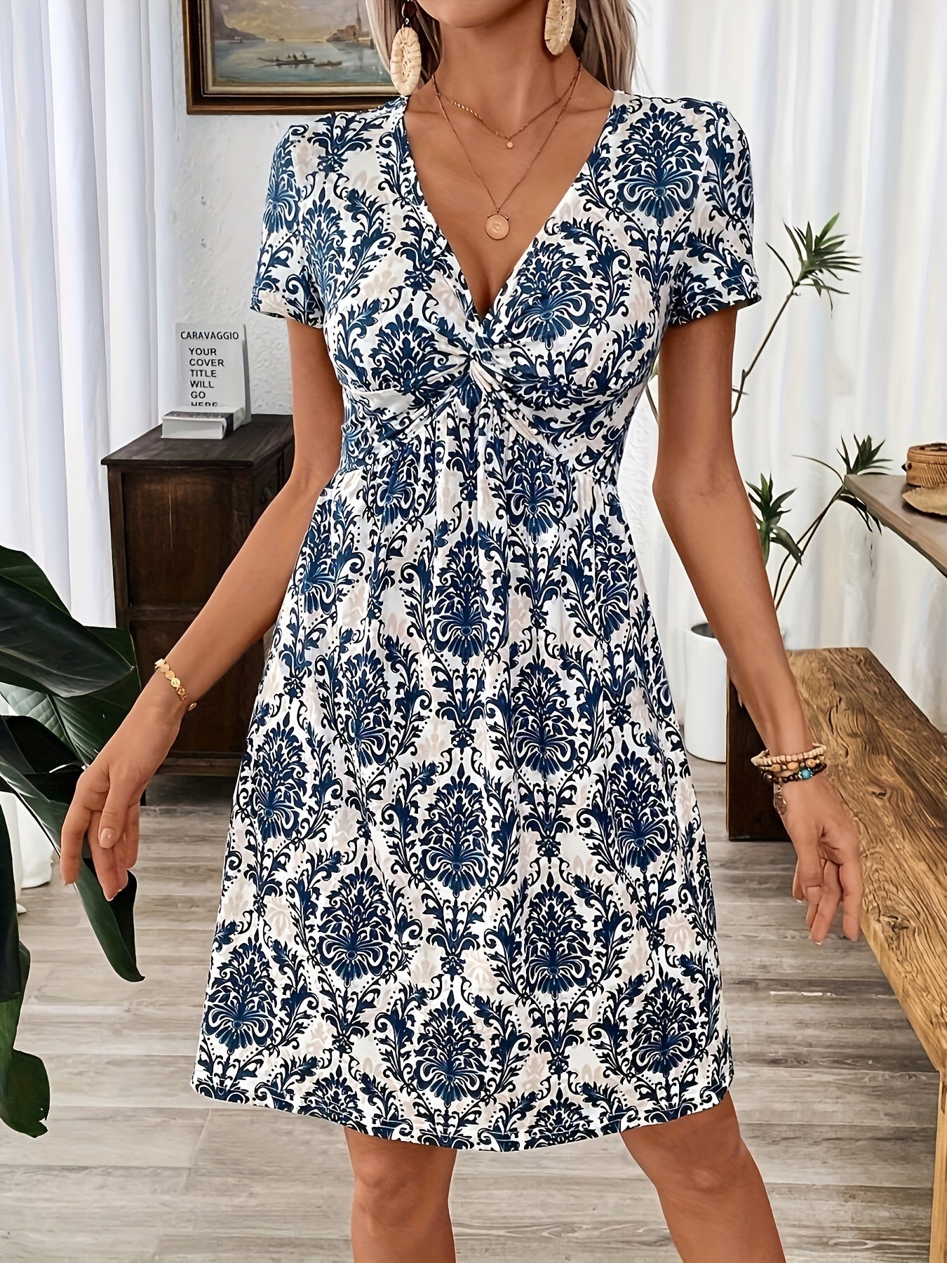 Gladys - Stylish Plunging Short Sleeve Midi Dress for Women