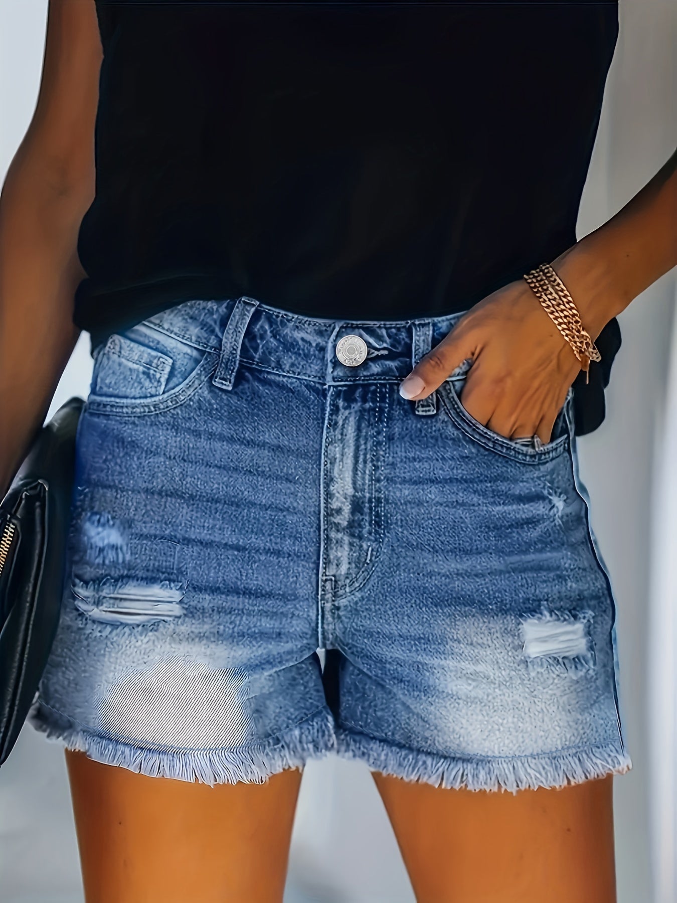 Dorothee - Washed Denim Shorts with Raw Hem and Ripped Holes Slash Pockets for Women