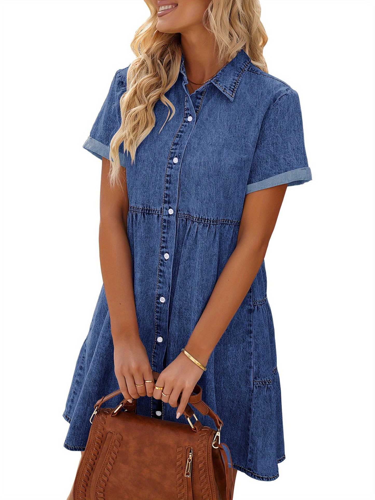 Juniper - Denim Dress with Button Up and Tiered Layered Ruffled for Women