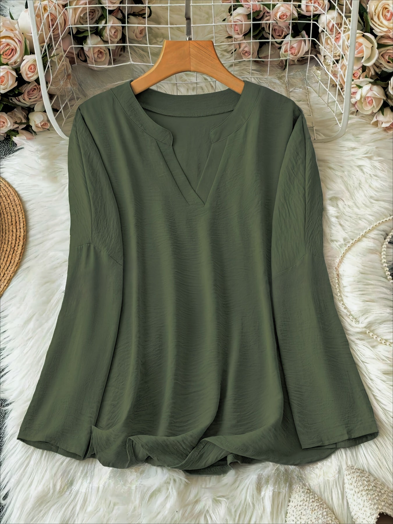 Hannah - Long Sleeve Blouse with Notched Neck and Curved Hem for Women