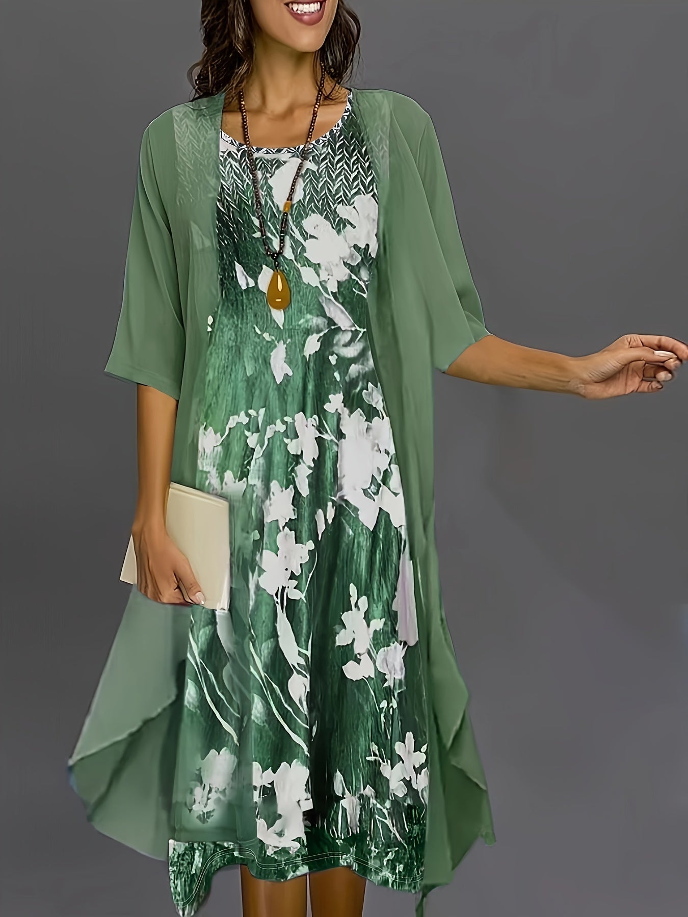 Victoria - Elegant Outfit Set with Open Front Cardigan and Floral Print Tank Dress for Women