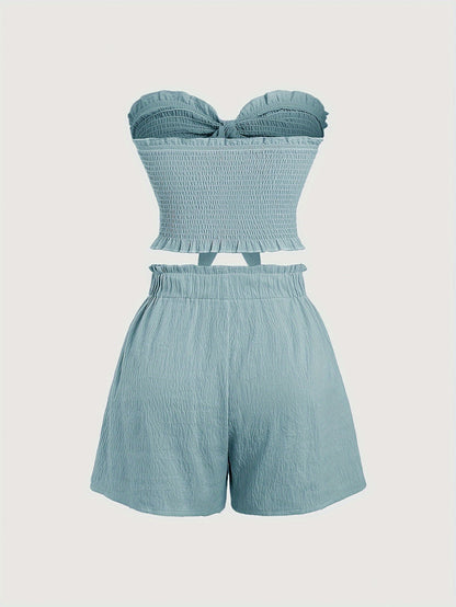 Calliope - Chic Outfit Set with Textured Backless Shirred Crop Knot Front Strapless Top and Paper Bag Waist Tucked Shorts for Women