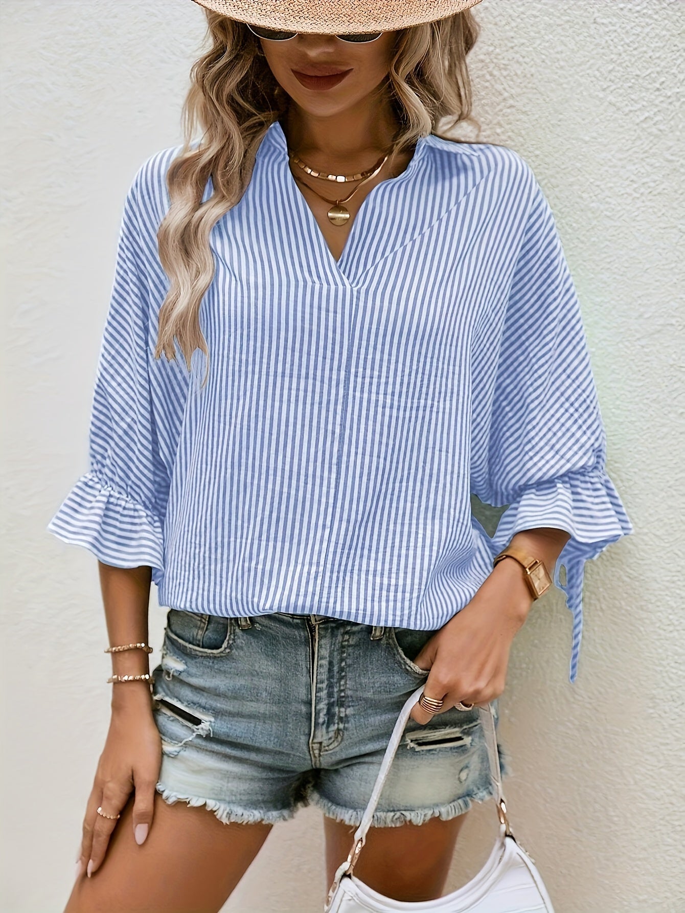 Charlotte - Striped 3/4 Sleeve Blouse with Cross Hem Back for Women