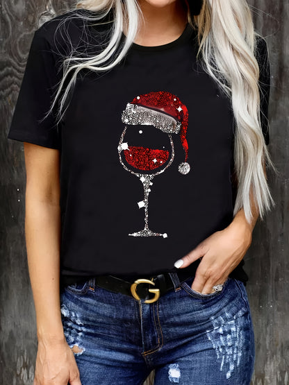 Brielle - Casual T-Shirt with Christmas Hat and Red Wine Glass Print for Women