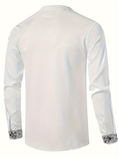 Zander - Long Sleeve Henley Shirt with Ethnic Style Trendy Geometric Pattern for Men