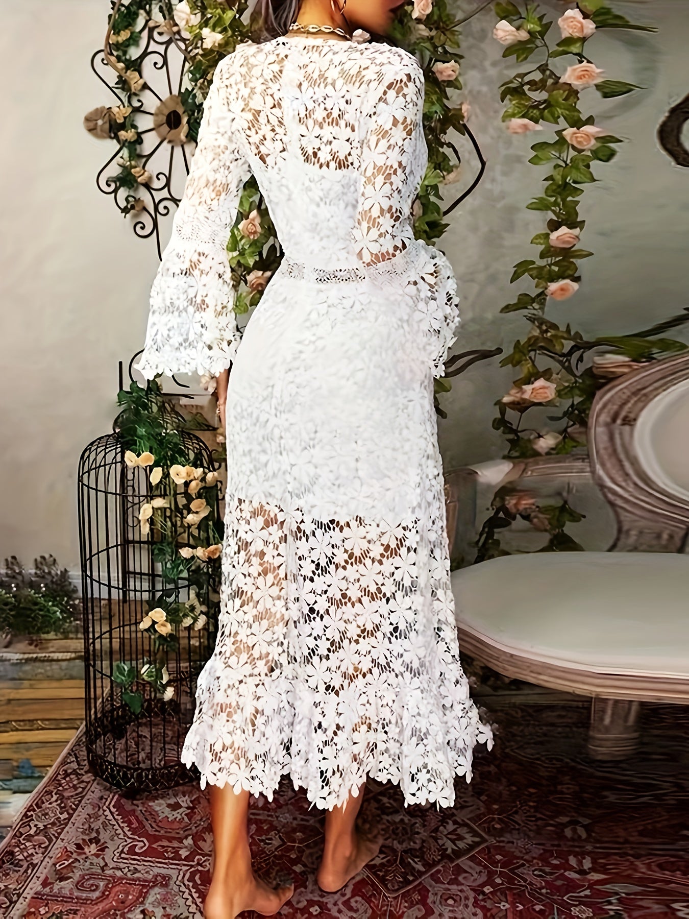 Victoria - Elegant Guipure Lace V Neck Cocktail Dress for Women