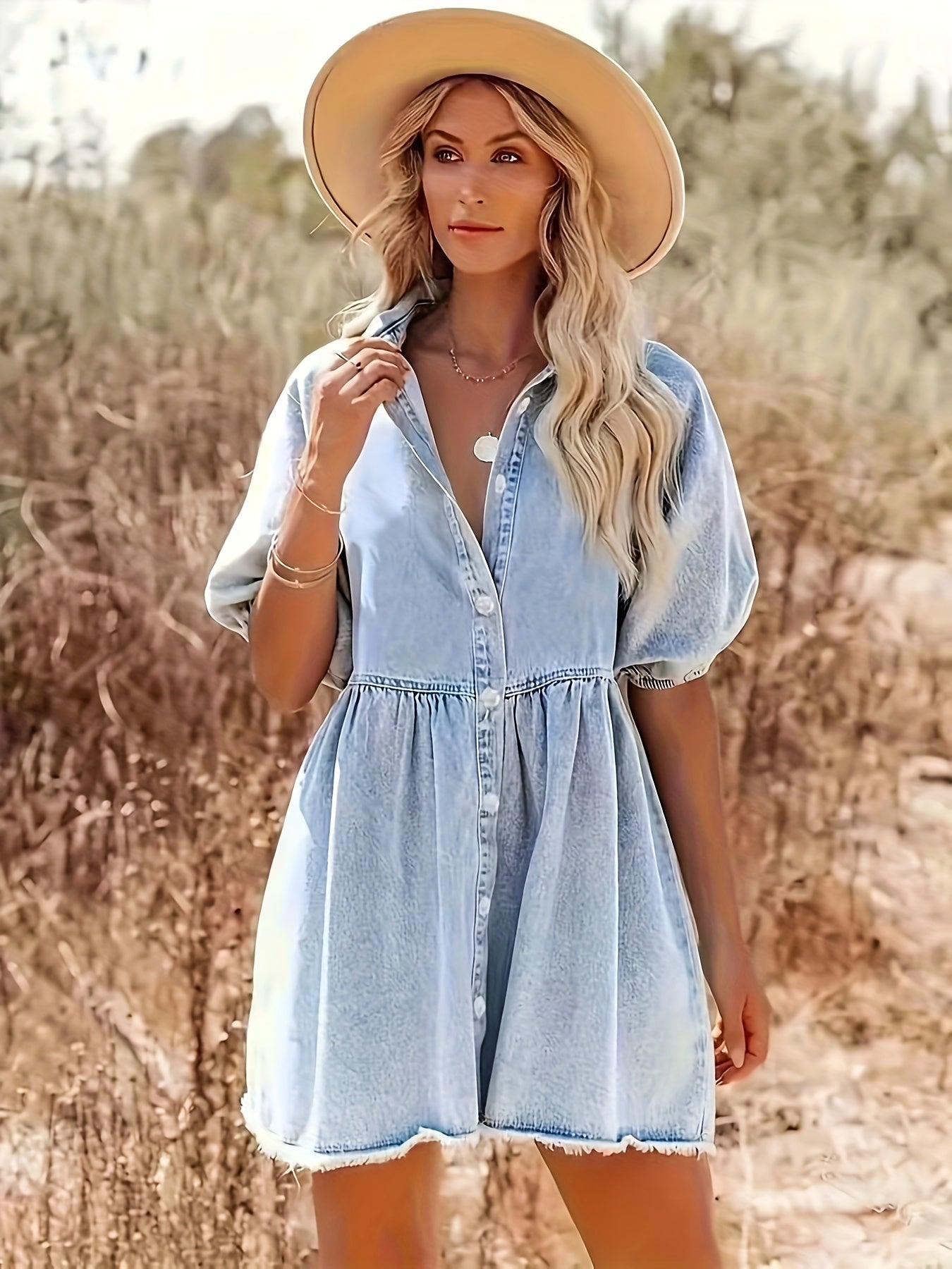 Sienna - Puff Sleeve Button Up Denim Dress with Casual Style Cut for Women