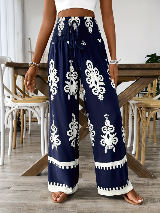 Eleanor - High Waisted Wide Leg Pant with Vintage Floral Print Shirred Design for Women