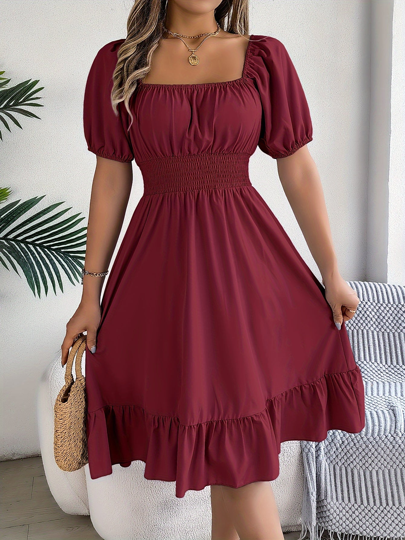 Lovilia - Puff Sleeve Dress with Ruched Bust and Ruffle Hem for Women