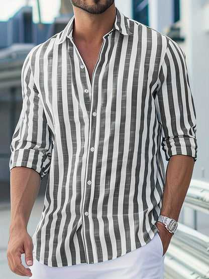 Elijah - Striped Long Sleeve Shirt with Cotton and Linen Blend for Men