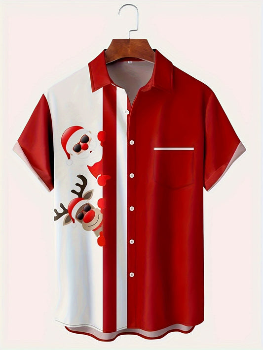 Ezra - Casual Button Up Shirt with Christmas Santa Claus and Elk 3D Digital Print for Men