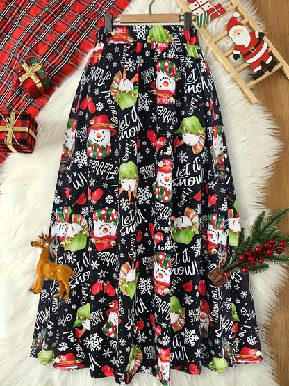 Isla - High Waist Skirt with Christmas Snowman Print for Women