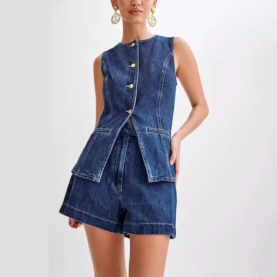 Ondine - Women's Denim Vest and Shorts Set