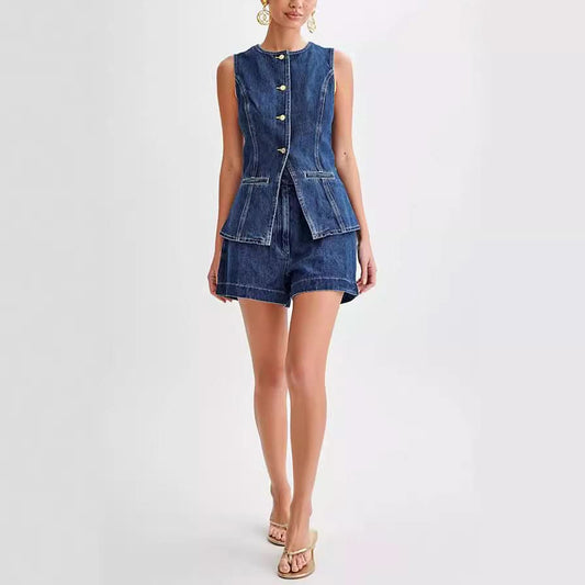 Ondine - Women's Denim Vest and Shorts Set