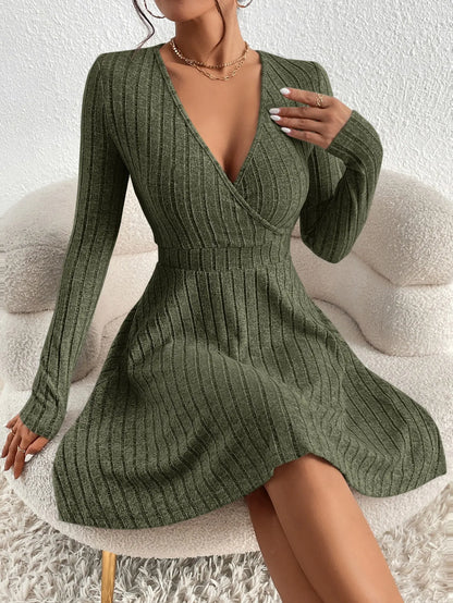 Stephanie – Mid-Length Knit Sweater Dress with V-Neck