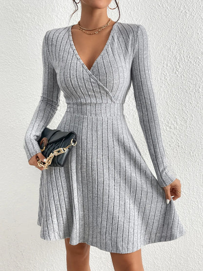 Stephanie – Mid-Length Knit Sweater Dress with V-Neck