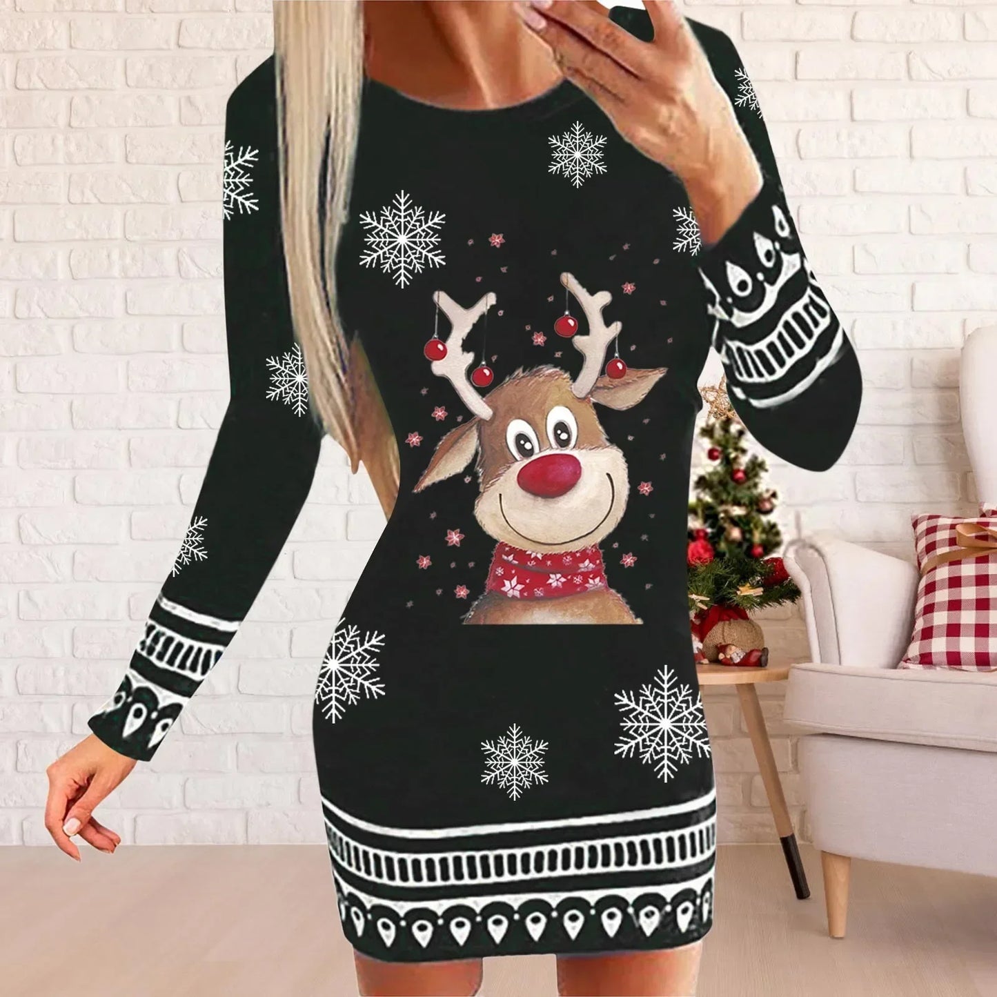 Imogen – Vintage Christmas Mini Dress with Reindeer Print