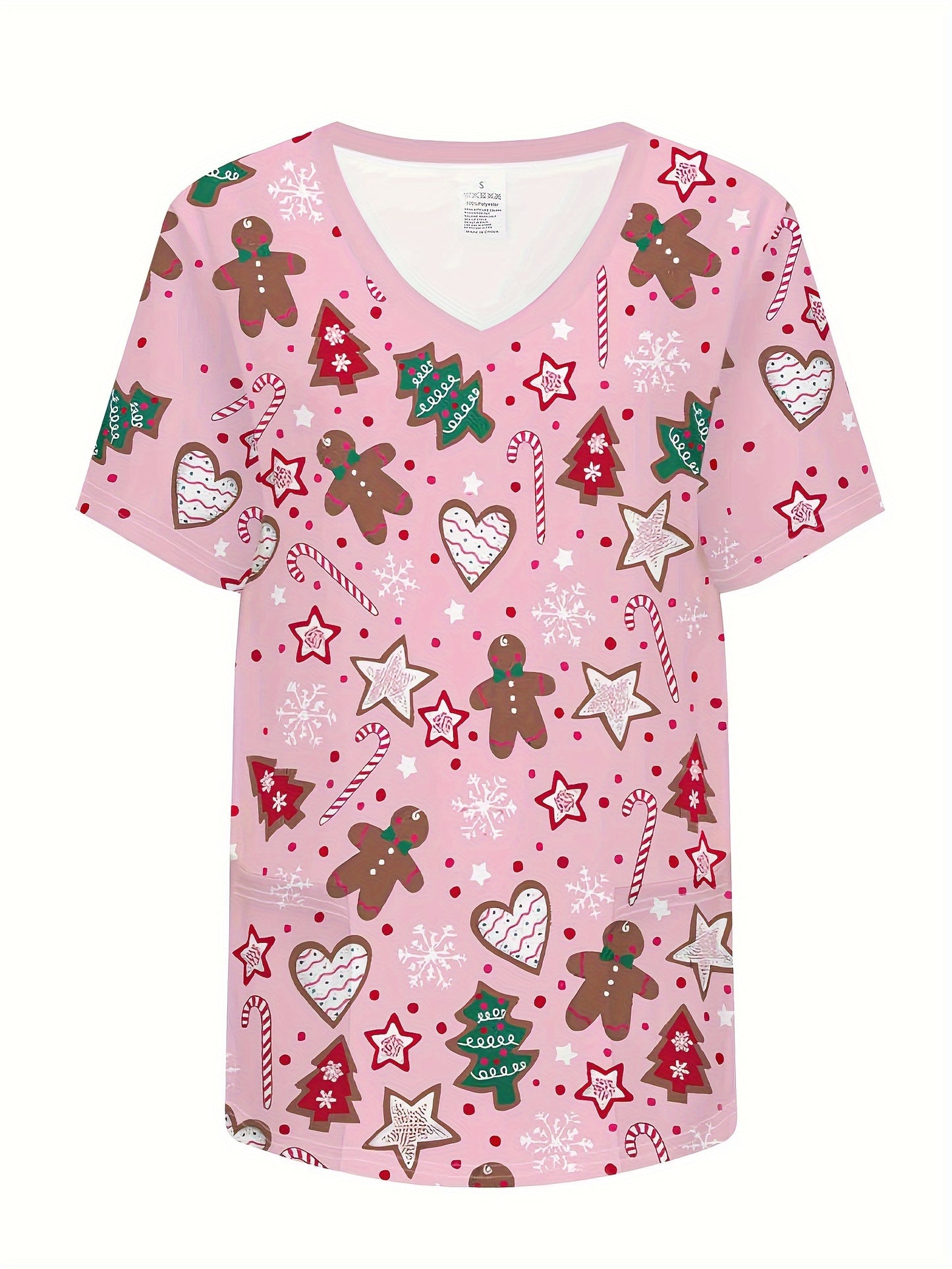 Marrianne - V-Neck Scrub Top with Christmas Print for Women