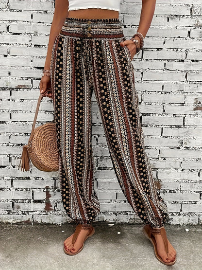 Sophia - High Waist Boho Pants with Tribal Print and Jogger Button Decor for Women