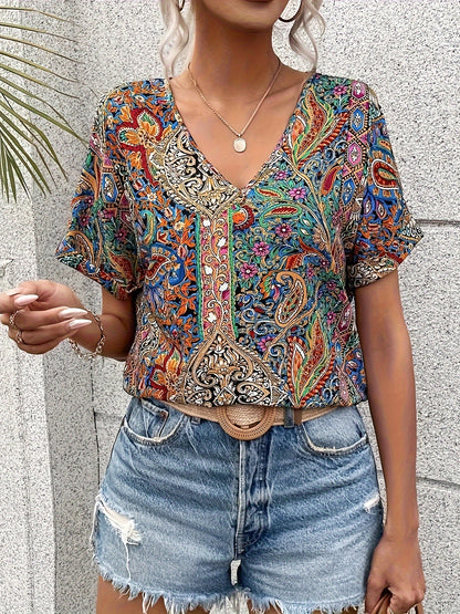 Addison - Vintage Blouse with Paisley Print and V-neck for Women