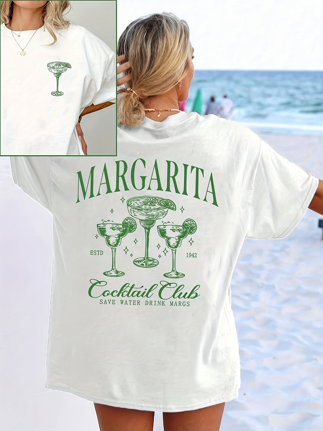 Margarette - Drop Shoulder T-shirt with Drink Print for Women