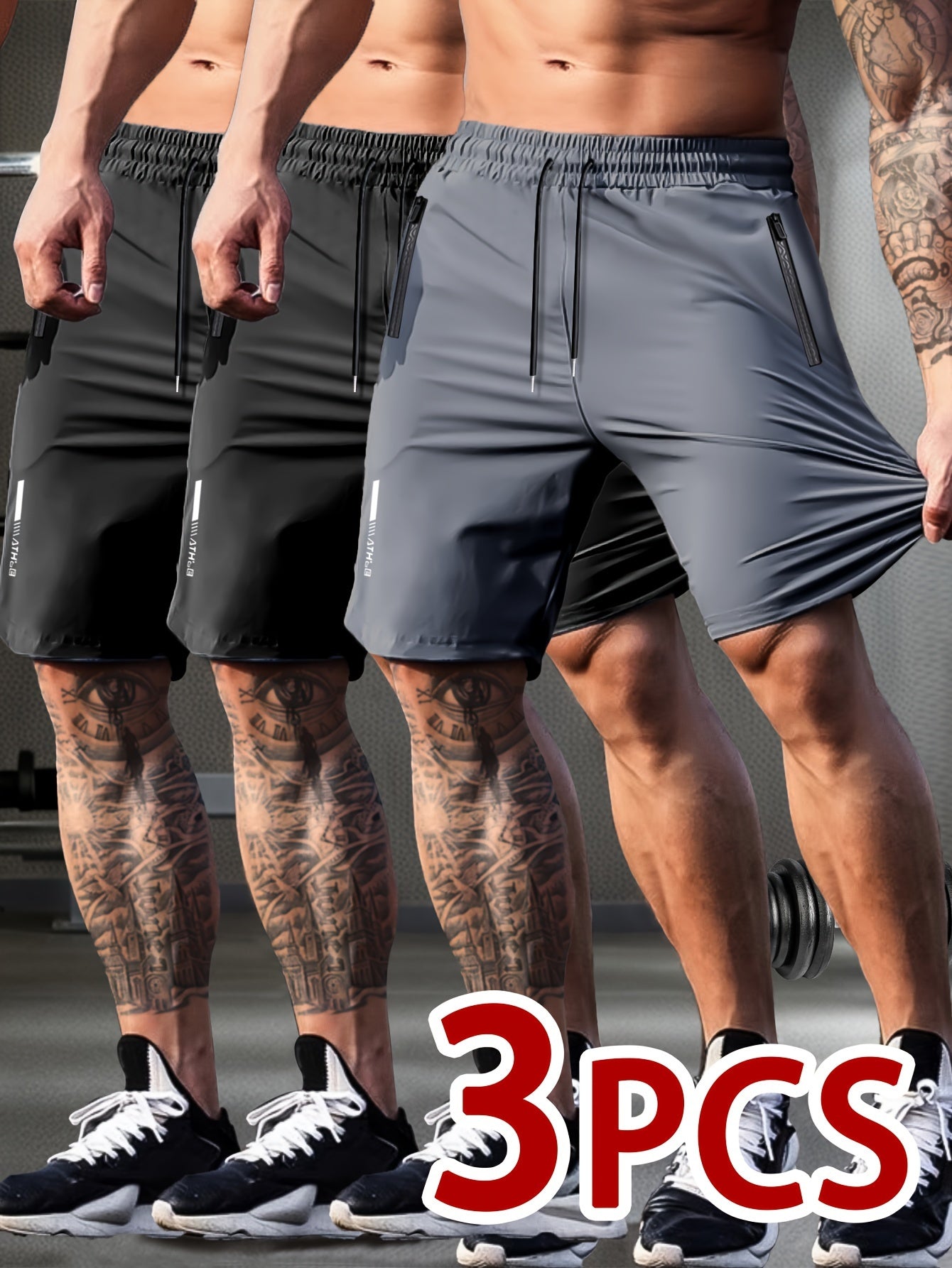 Donald - 3 Pieces Active Shorts with High Stretch and Zip Pockets for Men