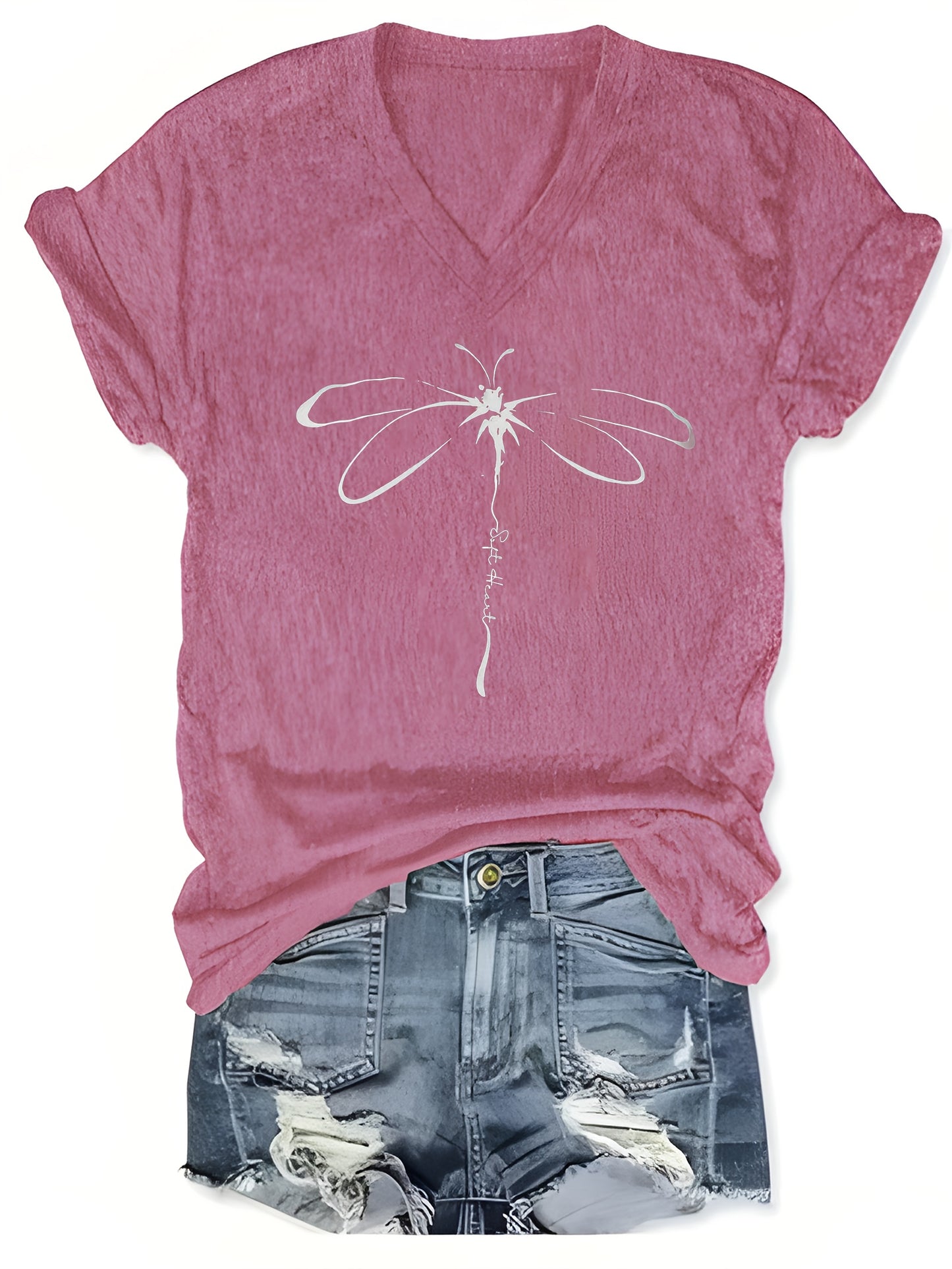 Amelia - Casual T-Shirt with Dragonfly Print and V Neck for Women