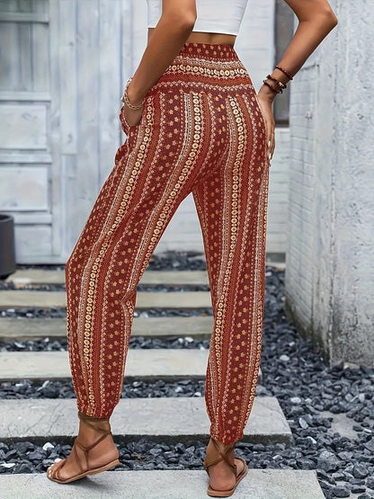 Sophia - High Waist Boho Pants with Tribal Print and Jogger Button Decor for Women