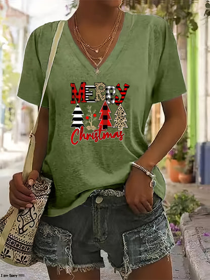 Helena - Casual Short Sleeve T-Shirt with Christmas Print and V Neck for Women