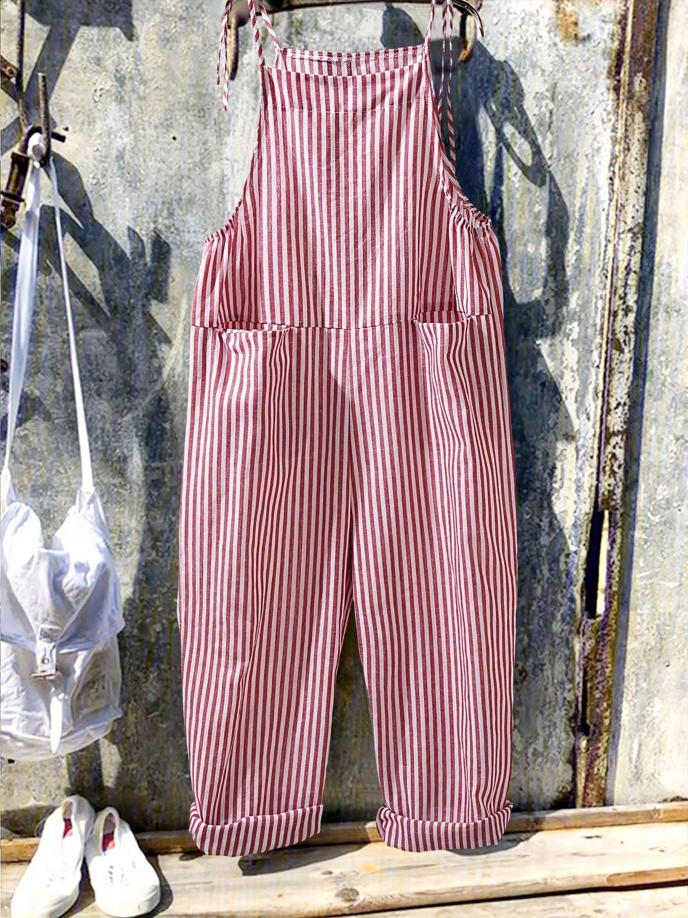 Linda – Striped Sleeveless Overalls with Tie Shoulders