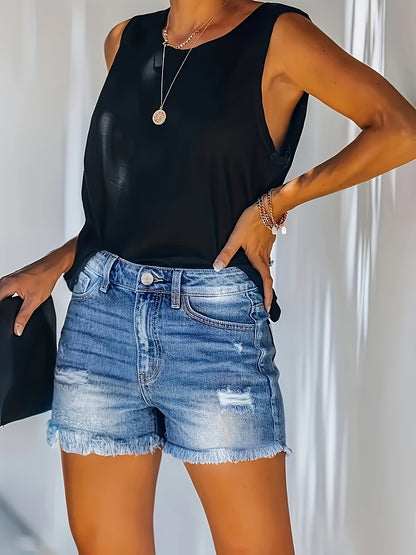 Dorothee - Washed Denim Shorts with Raw Hem and Ripped Holes Slash Pockets for Women