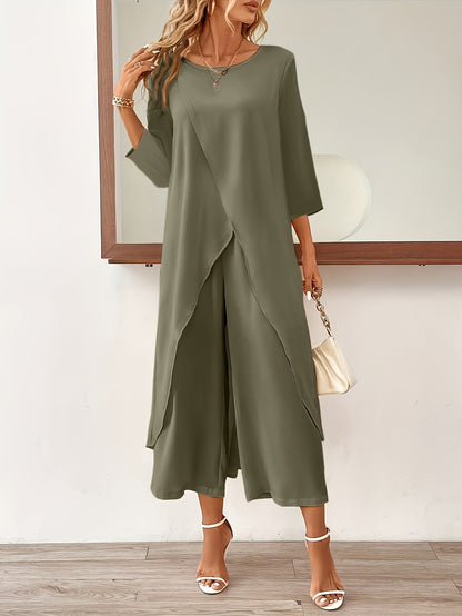 Edith - Elegant Outfit Set with Long Sleeve Longline Split Hem Chiffom Top and  Wide Leg Cropped Pants for Women