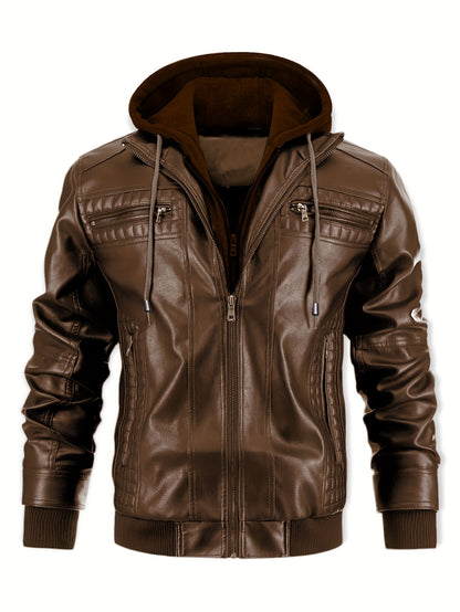 Damon - Casual 2-in-1 PU Leather Jacket with Zipper Up and Detachable Hood for Men