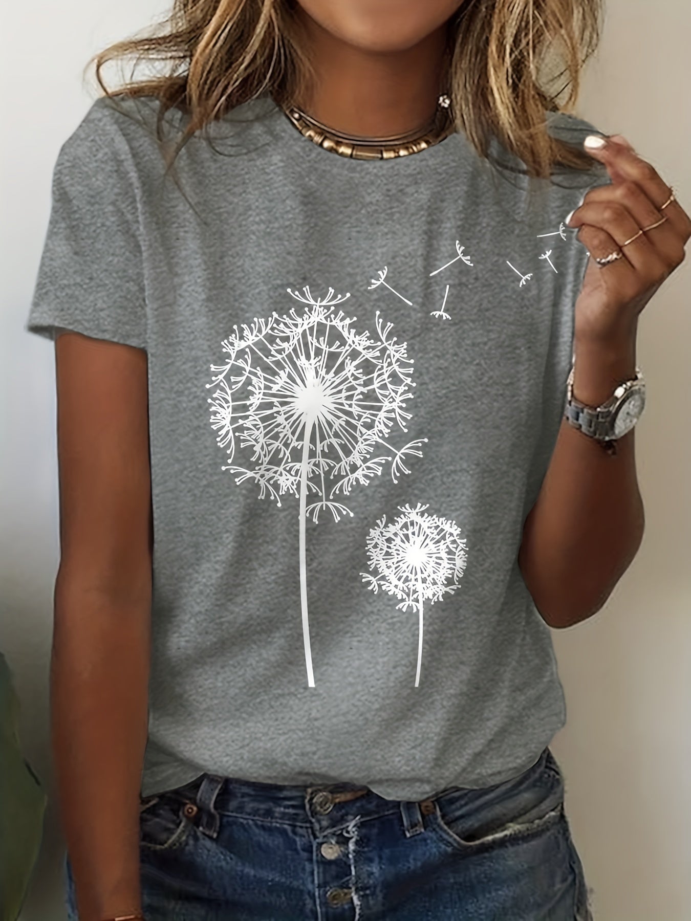 Skylar - Crew Neck T-Shirt with Dandelion Print for Women