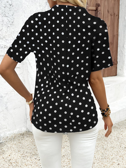 Abigail - Polka Dots Print V Neck Blouse with Zipper Front and Short Sleeve for Women