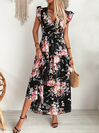 Serenity - Belted Floral Print Swing Maxi Dress with Ruffle Sleeve for Women