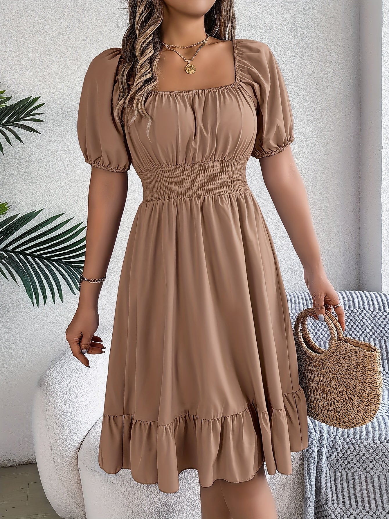 Lovilia - Puff Sleeve Dress with Ruched Bust and Ruffle Hem for Women