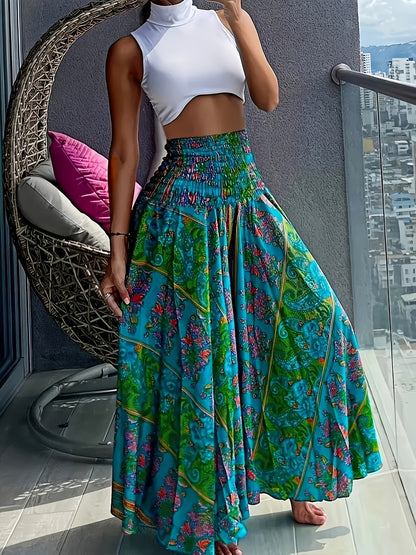 Jessica – Boho Shirred High Waist Floral Print Wide Leg Pants