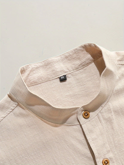 Harry - Mandarin Collar Short Sleeve Shirts with Button Up Shirt and Chest Pocket for Men