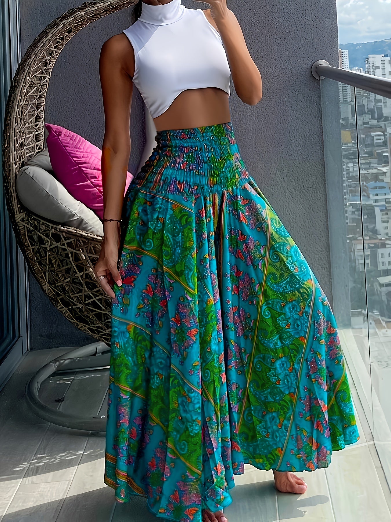 Emily - Shirred Waist Boho Pants with Floral Print and High Waist for Women