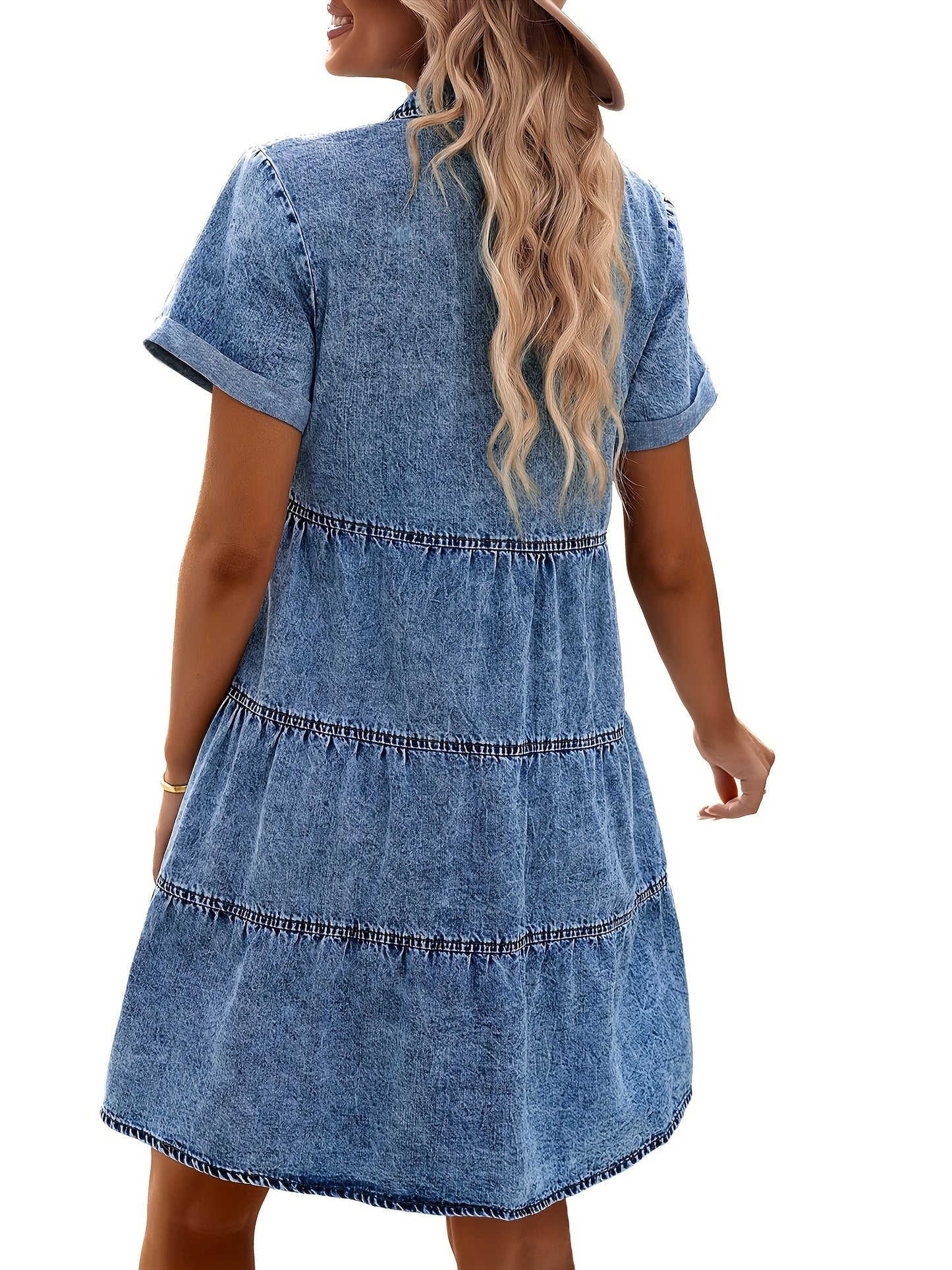 Juniper - Denim Dress with Button Up and Tiered Layered Ruffled for Women