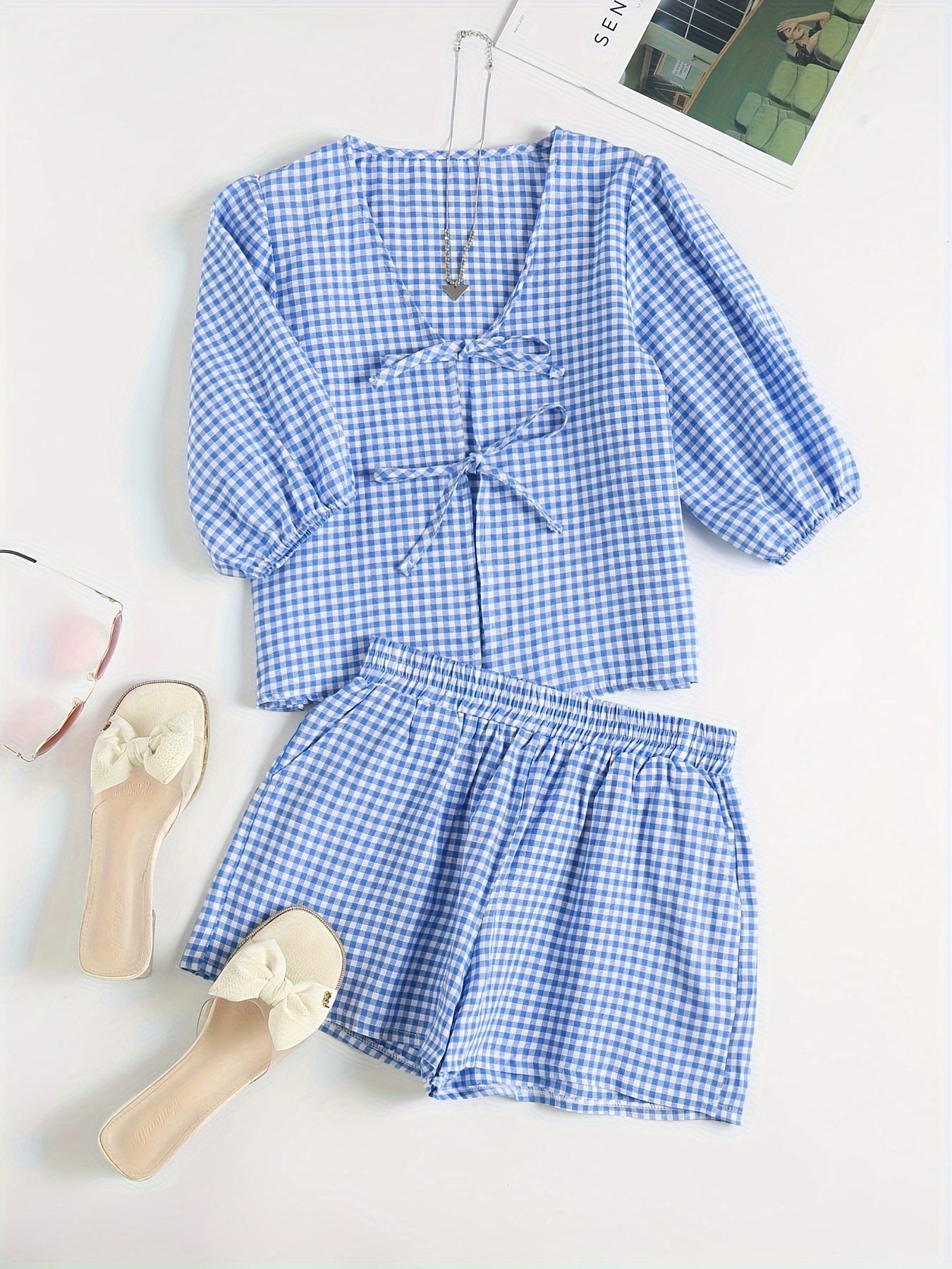 Victoria - Gingham Outfit Set with Tie Front Shirt and Elastic Waist Shorts for Women