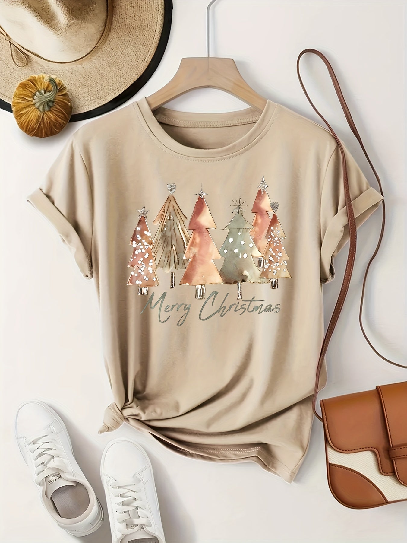 Sarah - Festive Christmas Tree Print Crew Neck T-Shirt