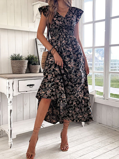 Irene - Elegant Maxi Dress with Floral Print and Shirred Waist for Women